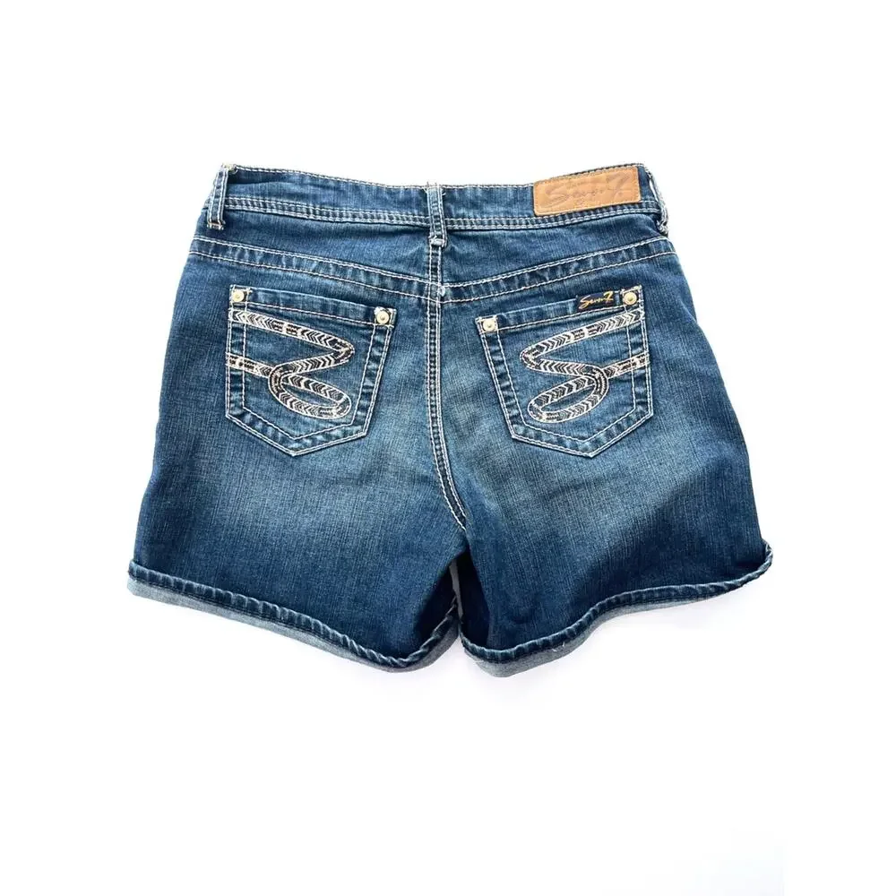 2000s Y2K Women's Long Jean Shorts Medium Seven7 Dark Wash Denim Jorts Bermudas